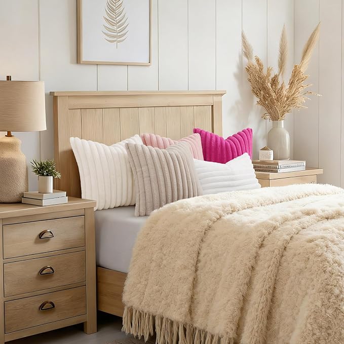 decorUhome Fall Cozy Faux Fur Throw Pillow Covers 26x26 Set of 2 Decorative Soft Plush Striped Modern Farmhouse Boho Couch Euro Sham Pillow Cases with Velvet Back for Sofa Bed Living Room, White
