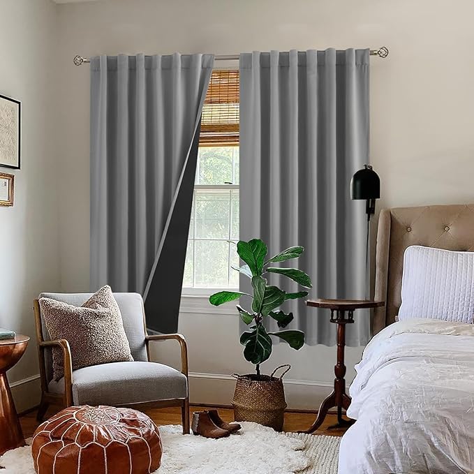 BGment Dove Grey 100% Blackout Curtains 63 Inch Length with Reducing Noise Liner, Rod Pocket and Back Tab Double Layer Full Room Darkening Window Curtain for Bedroom, 2 Panels, Each 52 x 63 Inch