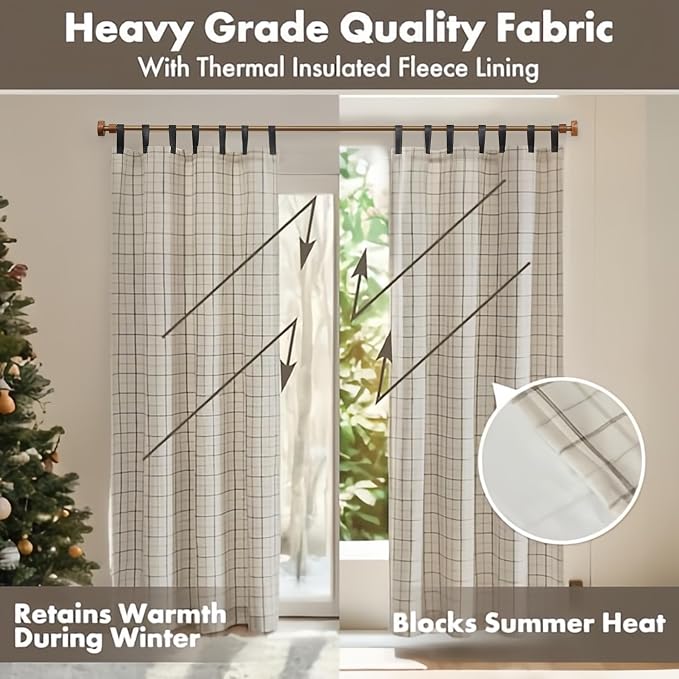 Madison Park Anaheim Cabin Plaid Curtain Window, Thermal Insulated Fleece Lining, Living Room Decor Room Darkening Drape for Bedroom, 1-Single Panel Pack, 50x108 Faux Leather Tab Top, Natural