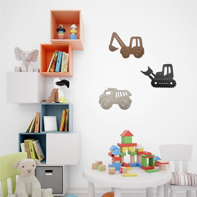 Ajqiomh Construction Trio Nursery Wall Decor Wooden Construction Vehicles Decor Kids Room Wall Decor Kids Room Decor Nursery Playroom Wall Decor for Boys