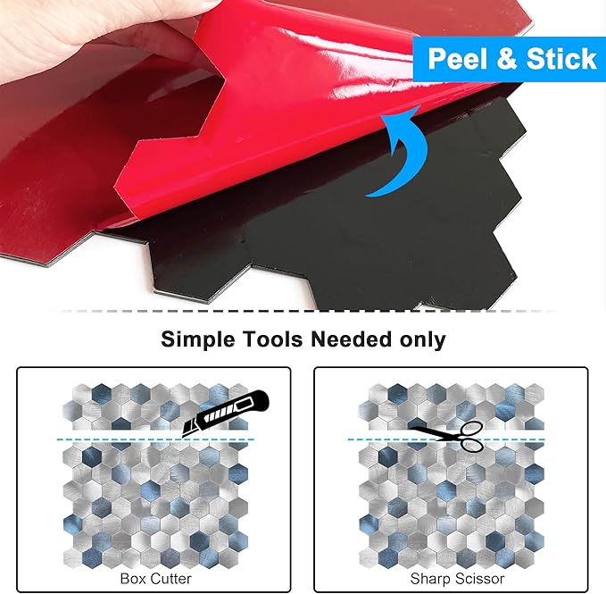 BeNice Peel and Stick Backsplash Hexagon for Kitchen 3D Adhesive Metal Wall Tile Stickers 10pcs Blue