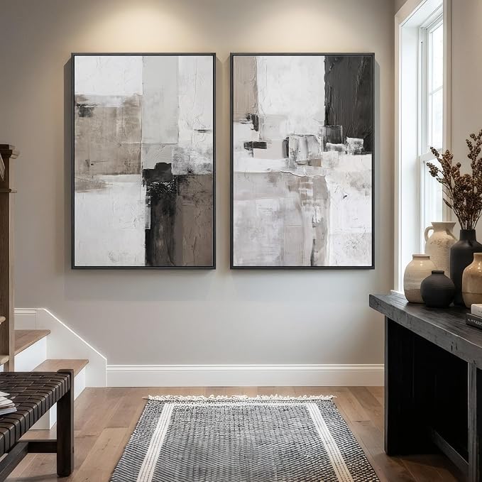 Framed Abstract Black and White Brown Wall Art for Living Room, Set of 2 Large Modern Prints Canvas Artwork for Walls, Minimalist Paintings Pictures Abstract Wall Decor for Bedroom Hallway, 24x36 Inch