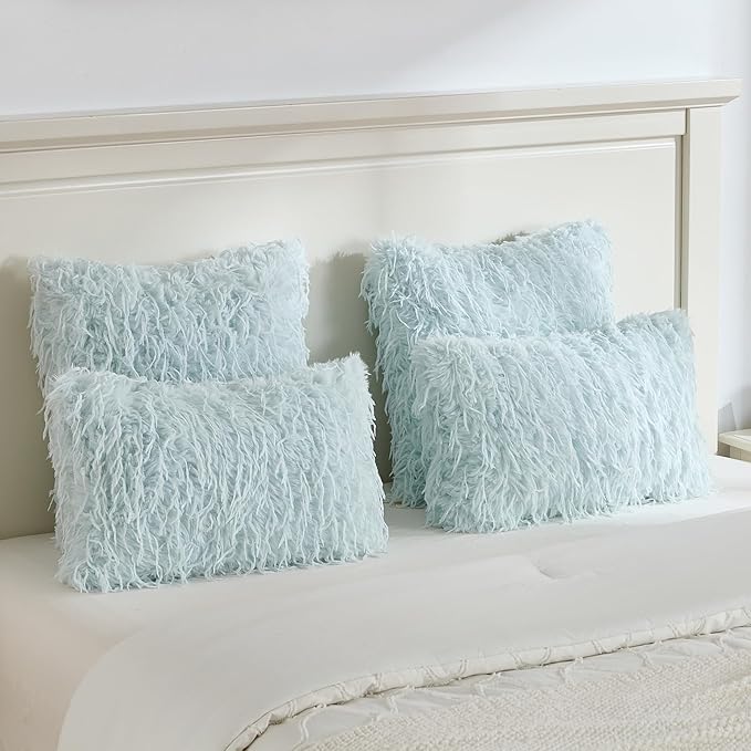 FUTEI Pack of 2 Faux Feather Plush Throw Pillow Covers 18x18 Inch Soft Fluffy Solid Farmhouse Decorative Cushion Cases Modern Luxury Accent for Couch Bed Living Room, Light Blue