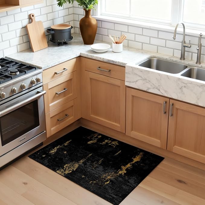RELEANY Washable Area Rugs 2'x3' Non-Slip Modern Abstract Soft for Living Room Entryway Bedroom Kitchen, Print Pattern, Dark Black Gold