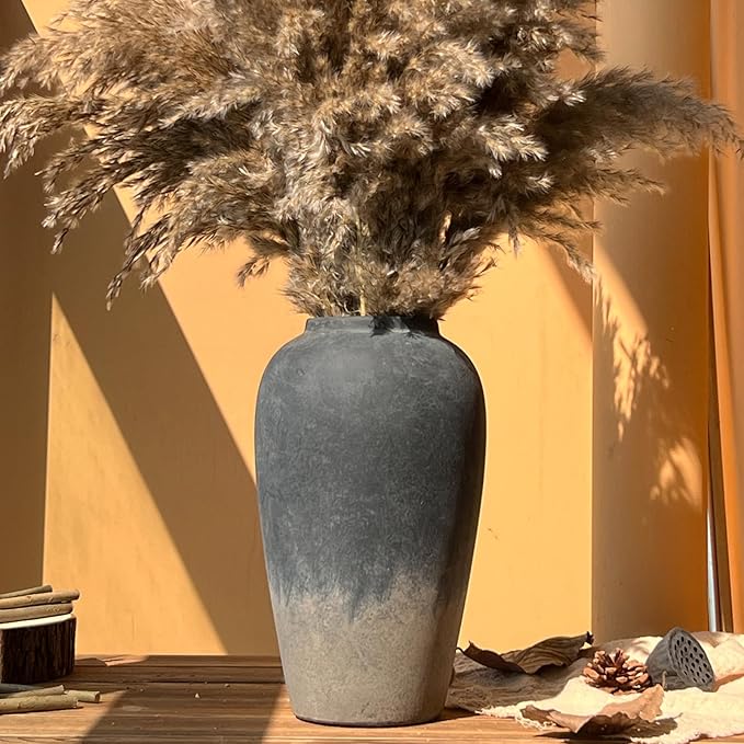 Ceramic Rustic Farmhouse Vase, 12 Inch Black Handmade Pottery Flower Vase for Home Decor, Rustic Living Room Decor, Wedding Gifts, Shelf & Table Decoration