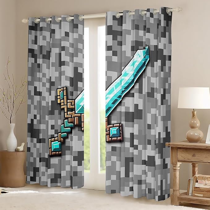 Castle Fairy Cartoon Sword Window Curtain,Pixelated Themed Games Living Room Decor Curtains,Blue Sandbox Block Window Treatment Kids Boys Teens Grey Check Camo Blackout Drapes 2 Panels,42Wx90L