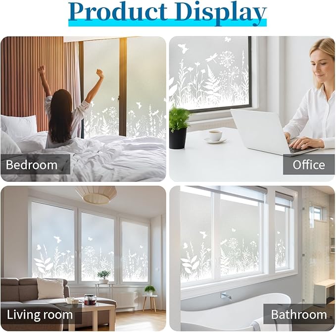 Window Privacy Film 17.7" x 78.7", Frosted Glass Window Film with Floral Pattern Decorative Privacy Window Film Static Cling No Glue Light Filtering UV Blocking for Home Bathroom Office