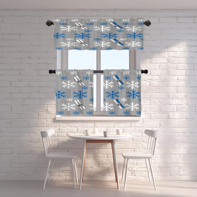 Shrahala Snowflakes Skis Blackout Short Curtains for Windows, Winter Sports Themed Pattern Kitchen Valance Thermal Insulated Rod Pocket Window Treatment for Bathroom 2 Pack 52 X 16 in