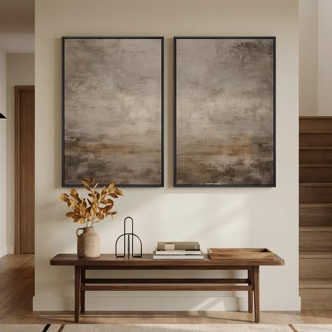 Large Framed Neutral Abstract Wall Art Set of 2 for Living Room, Minimalist Modern Brown Grey Canvas Artwork for Walls, Wabi Sabi Rustic Painting Print Wall Decor for Bedroom Home Office, 24x36 Inch
