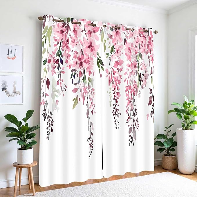 Pink Watercolor Floral Curtains, Botanical Leaves Vine Flowers Curtain, Rustic Farmhouse Flower Leaf Blackout Window Treatment Drapes for Bedroom Living Room 42x96 inch, 2 Panels