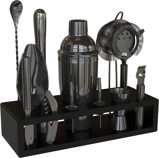 Highball & Chaser 13-Piece Cobbler Cocktail Shaker Set: Black Polished Stainless Steel Bartender Kit for Home Bar Set | Laser Engraved Tools Plus E-Book with 30 Recipes