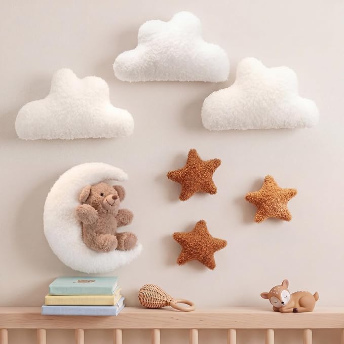 Chumia 7 Pcs Teddy Bear Nursery Wall Decor Boho Nursery Wall Art with Clouds Moon Star Soft Plush Baby Room Decor Gender Neutral for Bedroom Playroom Decoration