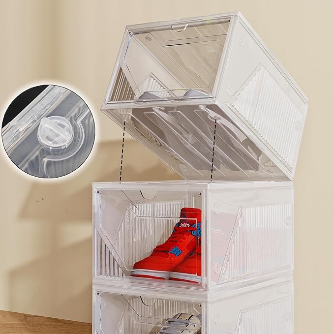 AWTATOS Shoe Storage Boxes, Thickened Shoe Storage Organizer with Clear Magnetic Door, Stackable Shoe Container with Lids, Collapsible Large Shoe Rack, Fit up to US Size 15, 6 Pack
