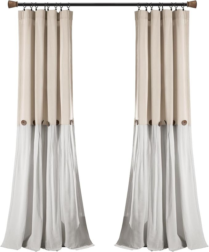 Lush Decor Linen Button Window Curtain Panel, Single, 40" W x 108" L, Linen - Country Curtains - Rustic Decor - Color Block Modern Farmhouse Curtains For Living Room, Bedroom & Dining Room