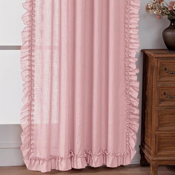 Blush Pink Linen Curtains 84 Inches Long, 2 Panels, Each W47 x L84 Inch, Farmhouse Scalloped Edge Feminine Ruffled Curtains for Living Room, Rod Pocket Privacy Semi-Sheer Flowy Ruffle Curtain Drapes