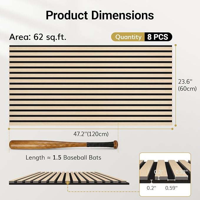 TONOR Wood Wall Panels for Interior Wall Decor, 8 Pack 47.2" x 23.6"(61.88ft²) Wood Slat Aacoustic Panels, Soundproof Wall Panels for Noise Cancelling and Decoration, Living Room, Office, Burly Wood