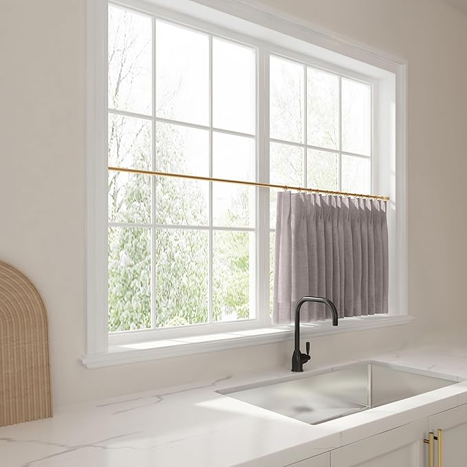 TWOPAGES 34" W x 24" L Linen Blend Cafe Curtains for Kitchen Window, Light Filtering Pinch Pleated Tier Curtains, Modern Farmhouse Half Window Curtains for Bathroom, Parchment, 2 Panels