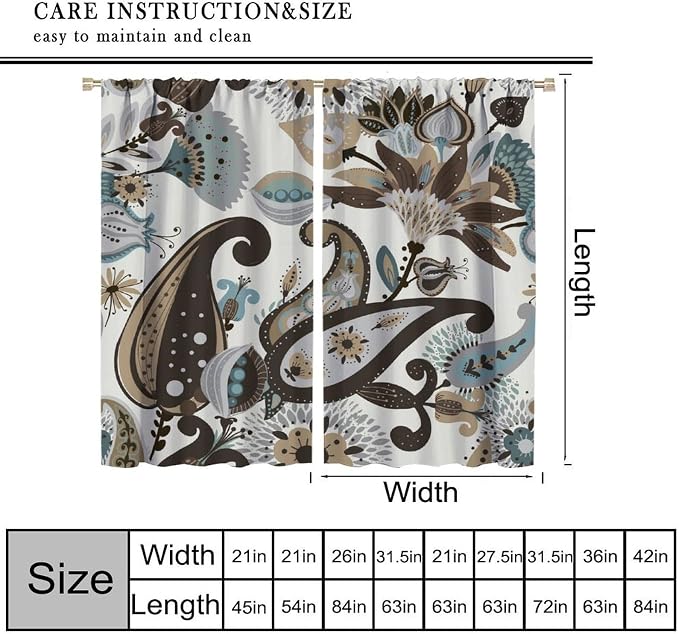 Paisley Floral Blackout Curtains, Bohemian-Style Vintage Brown Printed Window Treatments, for Bedrooms and Living Rooms72X63 Inch