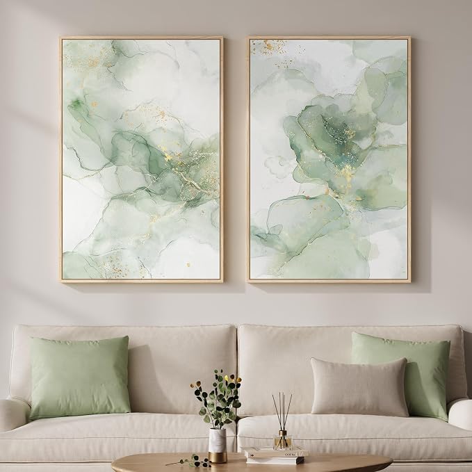 Framed Sage Green Abstract Wall Art for Living Room, Large Set of 2 Green Gold Canvas Artwork for Walls, Minimalist Modern Paintings Print Wall Decor for Bedroom Dining Room Office Hallway, 24x36 Inch