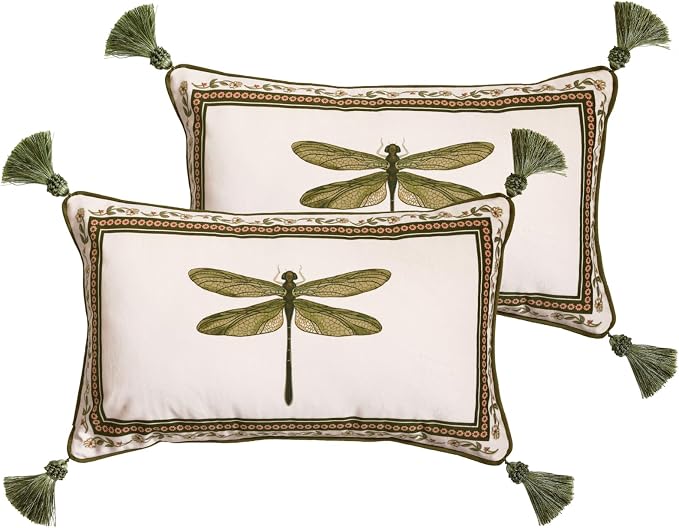 ISAENNE Designer French Velvet Throw Pillow Cover,20"x12" Set of 2-Grace C | Pillow Cover,Concealed Zipper Design,Dragonfly Pattern,Sofas,Bedroom,Living Room,Lounge Chairs,All Season Home Decor