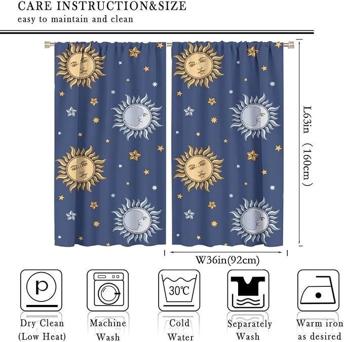 Vintage Sun Moon Bohemian Blackout Window Curtains, Retro Boho Style Print Rod Pocket Window Drapes, for Living Room Bedroom 72x63in 2 Panels