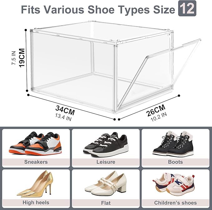 12 Pack Clear Acrylic Shoe Boxes Organizer, Extra-Thick Reinforced Stackable Shoe Storage with Magnetic Door, Dust-Proof Display Cases for Closet & Entryway, Fits up to Men’s 12, Crystal Clear