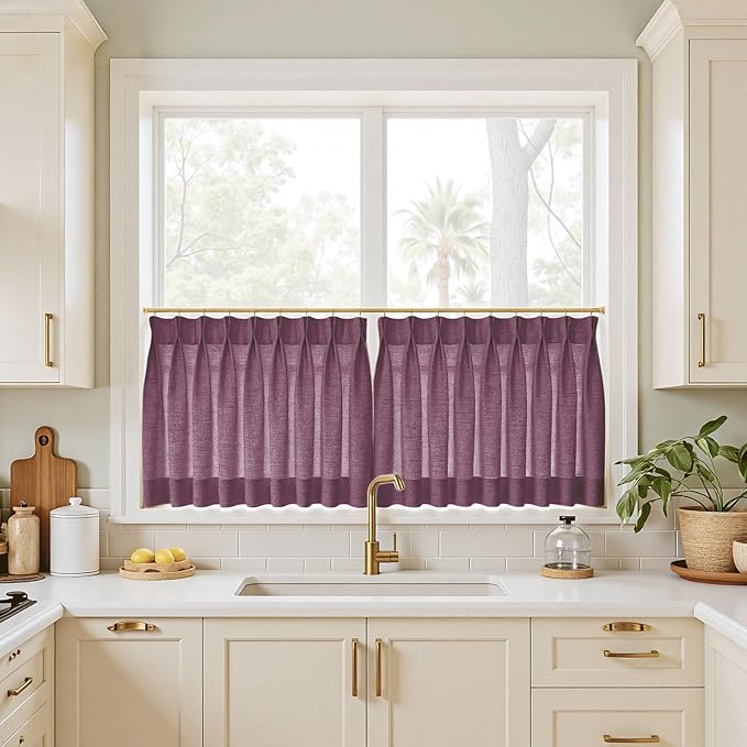 TWOPAGES 52" W x 36" L Linen Blend Cafe Curtains for Kitchen Window, Light Filtering Pinch Pleated Tier Curtains, Modern Farmhouse Half Window Curtains for Bathroom, Plum, 2 Panels