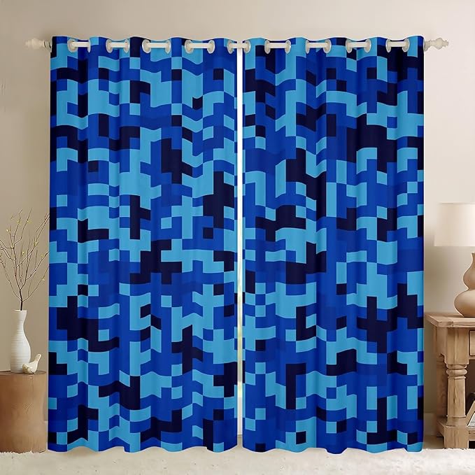 Castle Fairy Navy Blue Camouflage Window Curtain,Geometric Checked Living Room Decor Curtains,Kids Boys Teens Pixelated Miner Style Window Treatment Video Games Blackout Drapes 2 Panels,42Wx84L