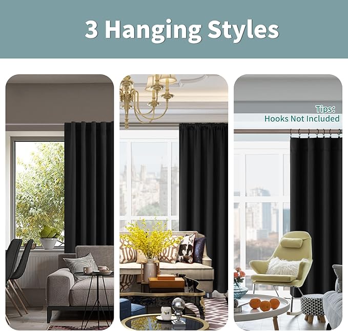 BGment Short Black Full Blackout Curtains with Liner Thermal Curtains 45 Inch Long, Rod Pocket and Back Tab Double Layer Black Out Privacy Curtains for Bedroom (52 x 45 Inch, 2 Panels)