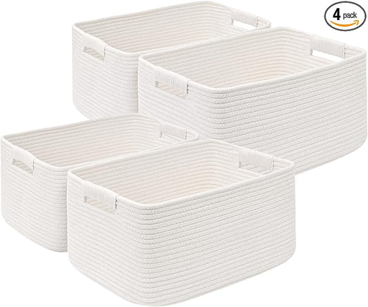 4 Pack Large Storage Basket for Organizing, 17.5"x13"x7" Woven Basket for Shelves, Closet Cube Storage Bins with Wrapped Handle, Cotton Rope Baskets for Kitchen, Clothes, Toys(Off White)