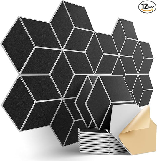 12-Pack Self-Adhesive Acoustic Panels 12" x 10" x 0.4" High-Density, Flame-Resistant Soundproof Foam. Absorbs Noise and Eliminates Echoes, Hexagonal 3D Design(BlackFace)