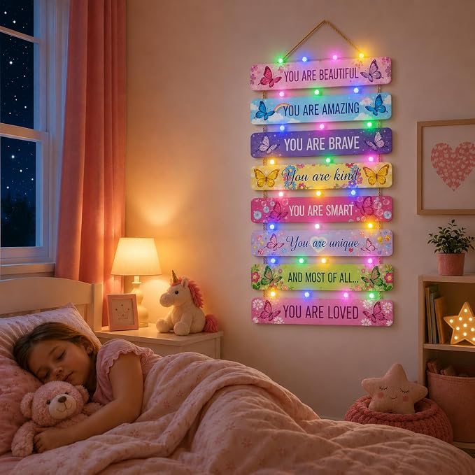 Cute Butterfly Room Decor Set of 8 with Led Light for Teen Girls Kids Toddler, Pink Inspirational Butterfly Wood Nursery Wall Decor for Bedroom, Dreamy Cozy Chic Motivational Princess Room Decor