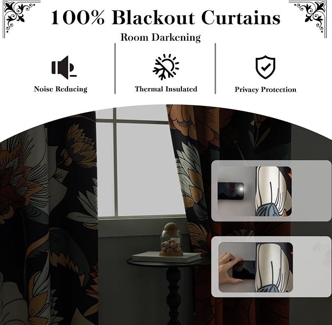 Tyrot Black Boho Floral 100% Blackout Curtains 54 Inch Long 2 Panels Mid Century Modern Botanical Grommet Thermal Insulated Room Darkening Black Out Window Drapes for Kitchen, 52Wx54L