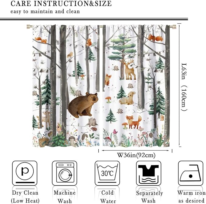 YCness Kid Forest Woodland Animal Fox Elk Bear Watercolor Print Curtains for Nursery Bedroom Living Room, Rustic Wild Animal Window Drapes 2 Panel Set, 72x63 Inch, Style-9