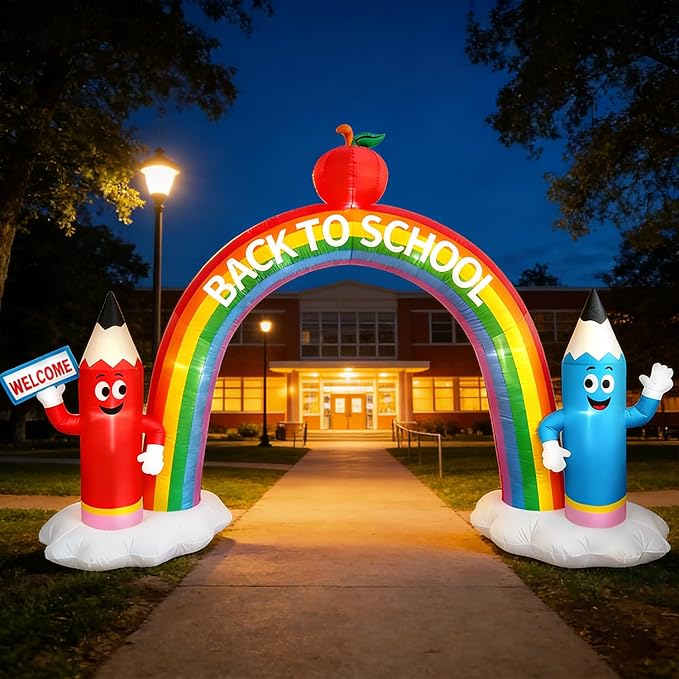 DomKom 12FT Long Back to School Inflatable Arch Featuring Open Book, Colorful Pencils Apple Decor, Ideal for 2026 First Day of School Kindergarten Graduation, Blow-up Crayon Archway for Yard Decor