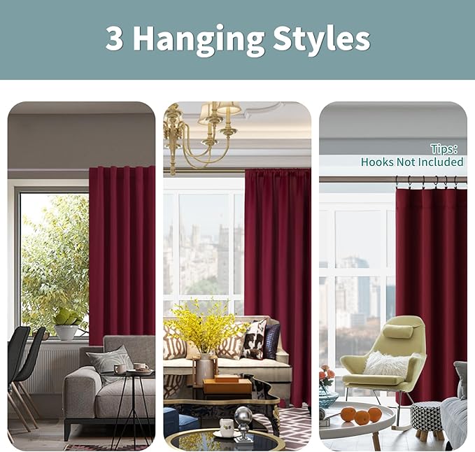 BGment Full Blackout Curtains with Thermal Insulation Liner Curtains 95 Inches Long, Rod Pocket and Back Tab Double Layer Room Darkening Window Curtain for Bedroom(52 x 95 Inch, 2 Panels, Burgundy)