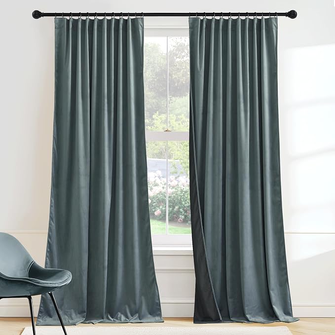 RYB HOME Dusty Blue Velvet Drapes for Baby Boy Bedroom, Thermal Insulated, Light Blocking, Floor-Length Velvet Curtains with Hook Belt for Modern Home Decor, 52" W x L92 L, 2 Panels Set