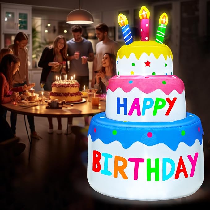 6 Ft Inflatable Happy Birthday Cake Decorations Outdoor Lighted Blow Up Holiday Birthday Party Decor with Candles 6 LED Lights for Indoor Home Celebration Garden Lawn Yard Prop Sign