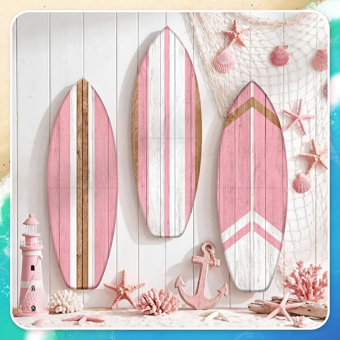 Yookeer 3 Pcs Surfboard Wall Decor,36" x 12" Large Wooden Coastal Beach Wall Decor Set, Aesthetic Cute Beachy Tropical Surf Board Art for Room Bedroom Decoration(Pink,Classic)