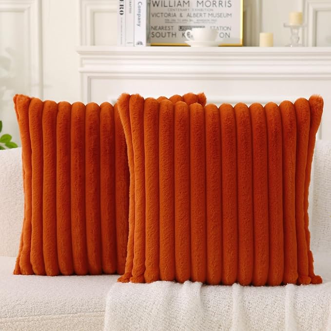 Decorative Throw Pillow with Inserts, Set of 2 Soft Faux Fur Throw Pillows, Square Boho Striped Pillow for Couch, Bed, Sofa Decor (Brownish-Orange, 16" x 16"(Pack of 2))