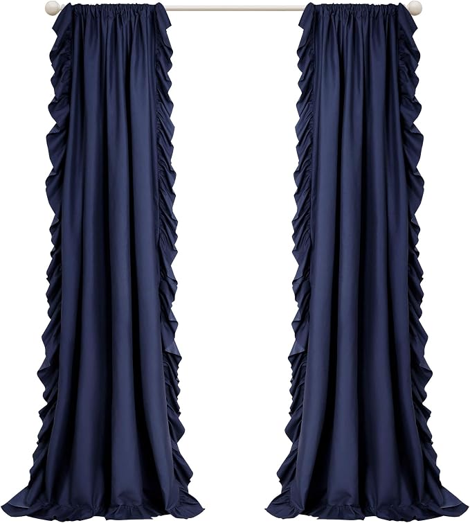Lush Decor Reyna Ruffle Window Curtain Panel Set, Pair, 54" W x 84" L, Navy - Flowy Curtain Set - Romantic Ruffle Curtains for Bedroom, Living room, or Dining Room - Farmhouse & Cottage Home Decor