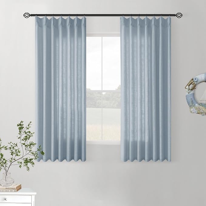 Dusty Blue Pinch Pleated Short Linen Curtains 45 Inches Long 2 Panels for Living Room Bedroom Memory Trained Semi Sheer Pleat Drapes Hooks Rings Light Filtering Small Kitchen Window Curtain 40x45