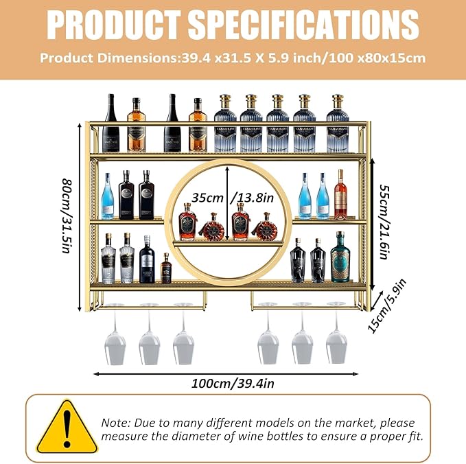 Metal Wine Rack Wall Mounted with LED Light, 3-Tier Bar Liquor Shelf with Wine Glass Holder, Modern Large Capacity Liquor Bottle Display Storage Shelf for Home Bar, Dining Room(Gold, 100*80*15)