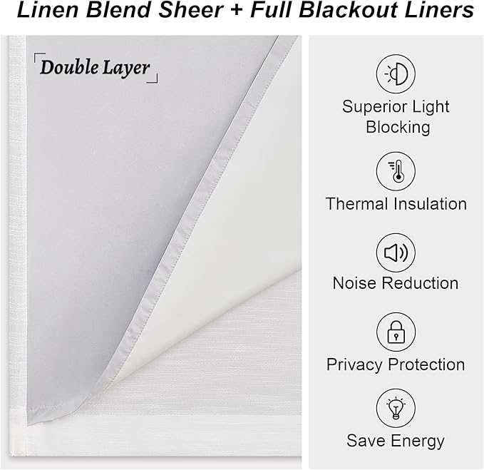 90 Inches Long Blackout White Linen Curtains for Bedroom,Pinch Pleated Insulated Thermal Sound Blocking Curtains,Decorative Elegant Farmhouse Lined Drapes 2 Panels Set for Living Room Sliding Door