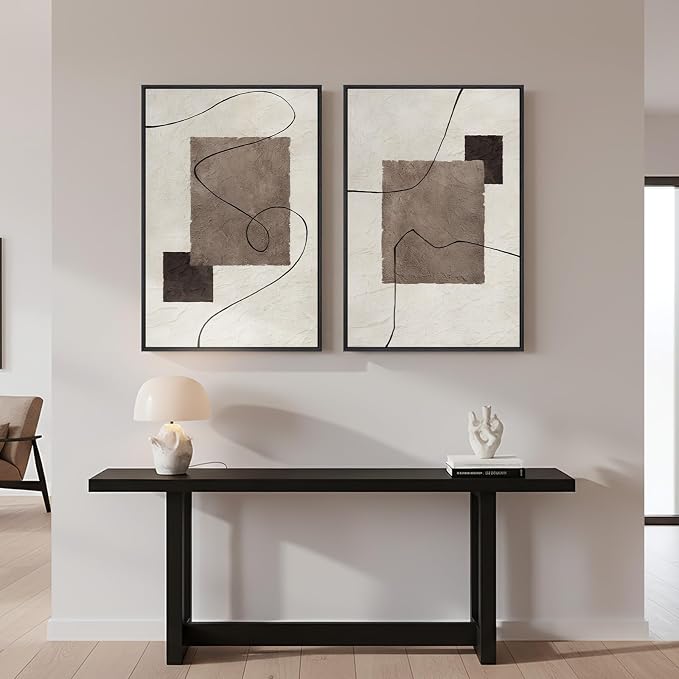 Framed Neutral Abstract Wall Art for Living Room, Set of 2 Geometric Line Beige Brown Canvas Artwork for Walls, Large Minimalist Modern Painting Print for Hallway Bedroom Office Wall Decor, 24x36 Inch