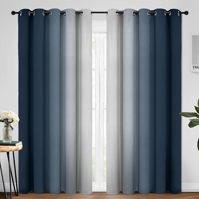Yakamok Ombre Curtains Navy Blue and Greyish White for Living Room,70Wx84L | Room Darkening Curtains 84,Thermal Insulated Gradient Color Drape,Light Blocking Grommet Window Curtains for Bedroom,2 Panels