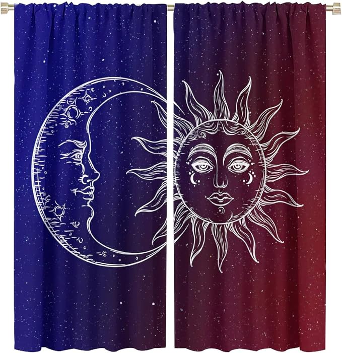 Sun Moon Blackout Windows Curtains, Burning Sun Moon Red Blue Cosmic Galaxy Bohemian Curtains, for Living Room Bedroom 63x72in 2 Panels