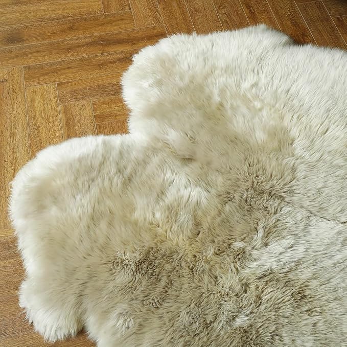LLB Genuine Sheepskin Area Rug Fur Carpet Fluffy Shaggy Fur Rug for Living Room Kids Bedroom Real Sheepskin Throw Lambskin Aesthetic Rugs Sofa Mat Chair Seat Covers (Cream Brown, 4ft x 6ft Sheepskin)