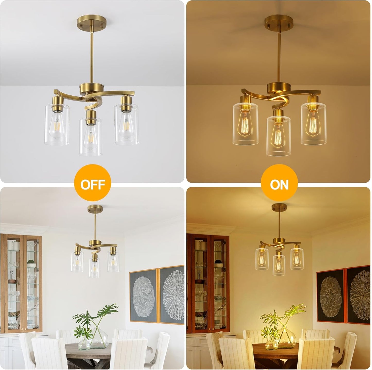 3-Light Gold Dining Room Chandeliers Over Table, Contemporary Kitchen Island Pendant Lighting, Industrial Hanging Light Fixture for Entryway Hallway Foyer Bedroom, Clear Glass Shade