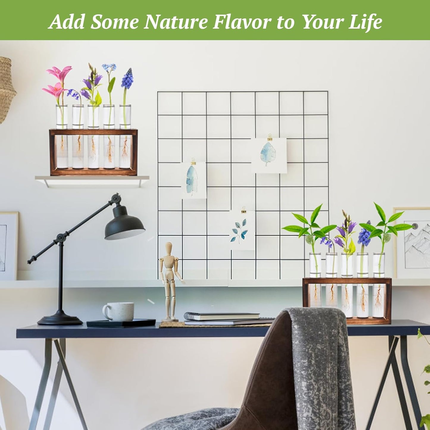 2pcs Desktop Glass Plant Propagation Station with 10 Test Tubes in Wooden Stand - Hydroponic Plants Cutting Office Home Decoration and Garden Decor Terrarium (10 Tubes)